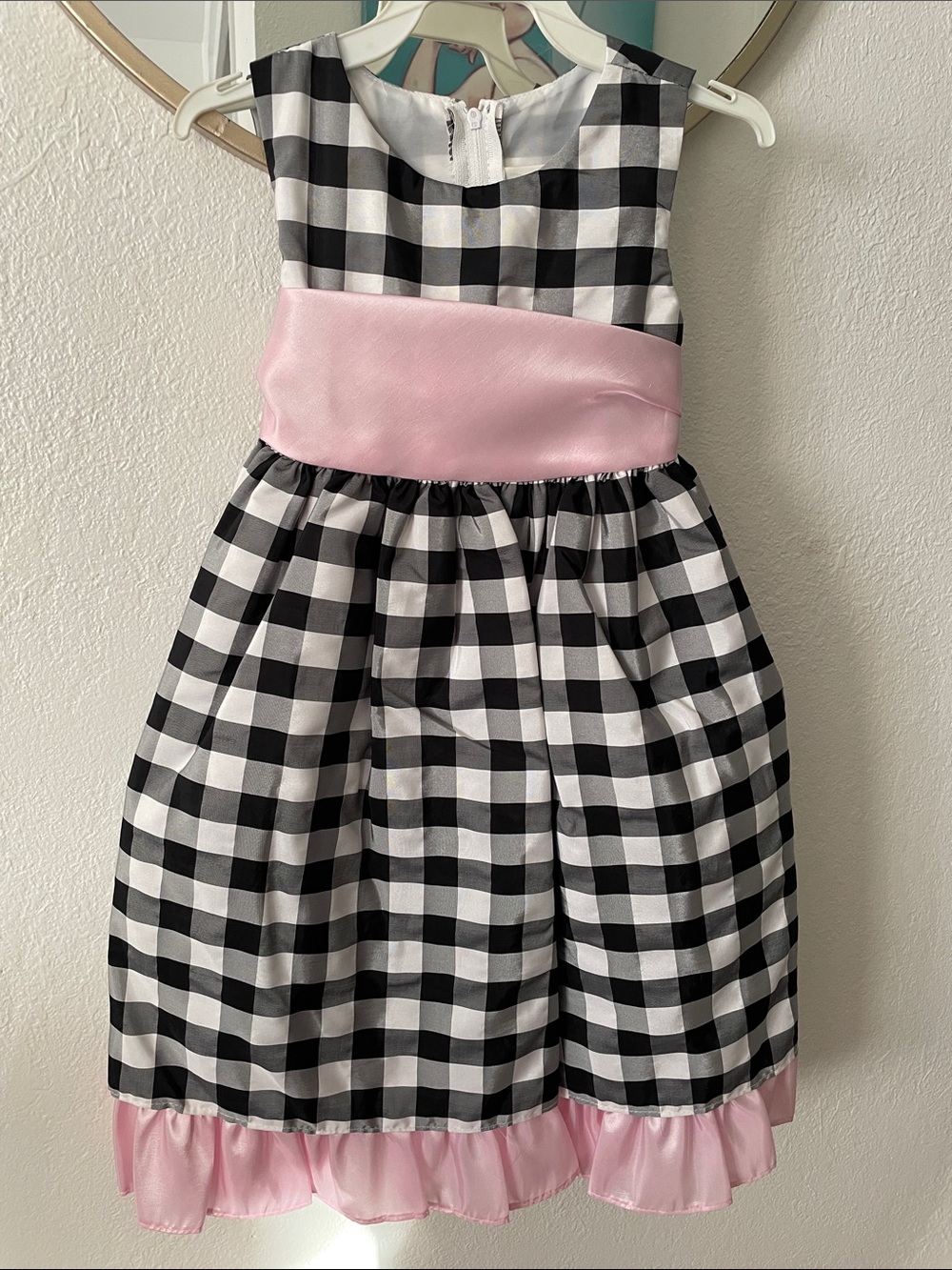 Girls Black & White Gingham Dress with Pink Sash and Hem